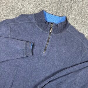 VTG Alan Flusser Mens Size Medium Navy Blue Heather Cotton Quarter Zip Sweater